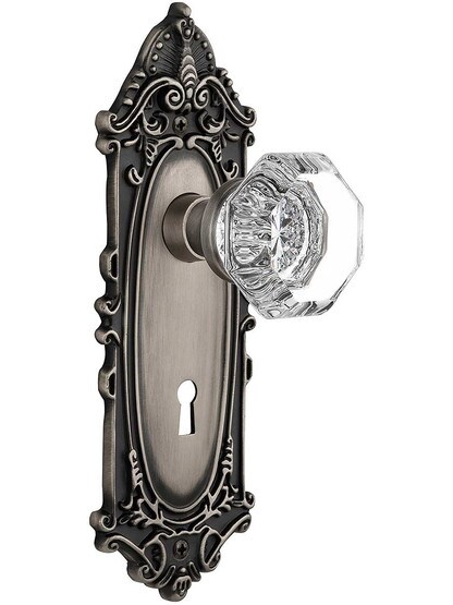 Largo Door Set with Waldorf-Crystal Glass Knobs and Keyhole - 2 3/8 in Antique Pewter.